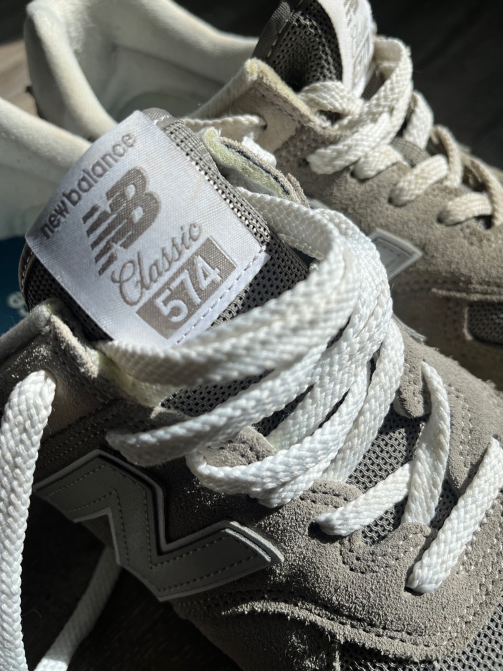 Men’s New Balance 574 Taupe and Light Gray Suede Mesh Sneakers - Picture 7 of 7
